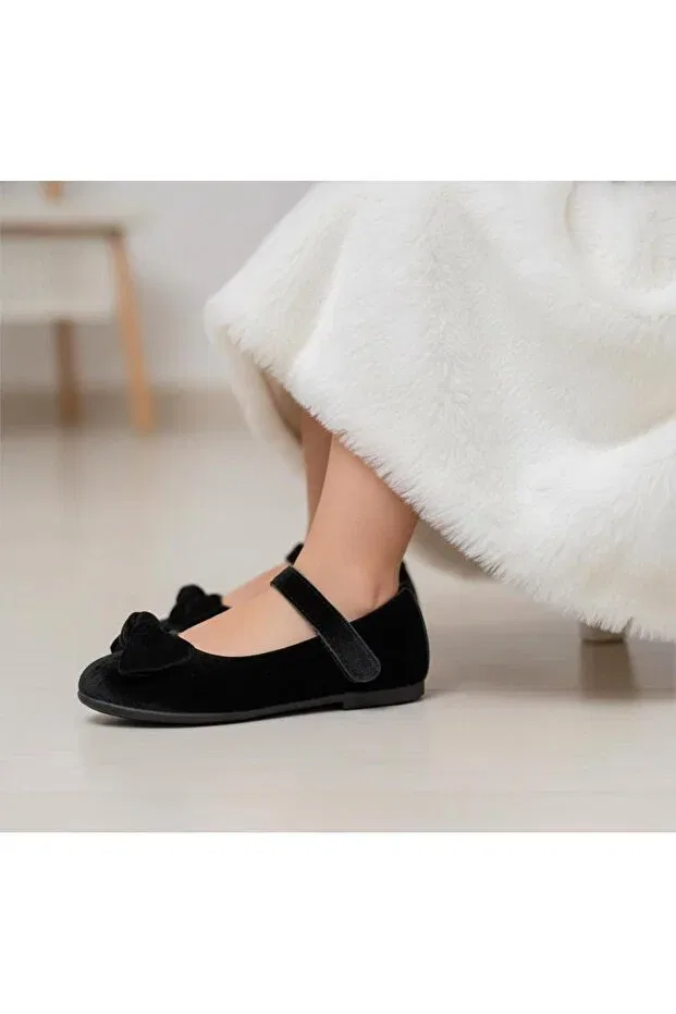 Детские балетки для девочек с принтом Velvet children's ballet flats with bow on the front Gala, Black — фото 2