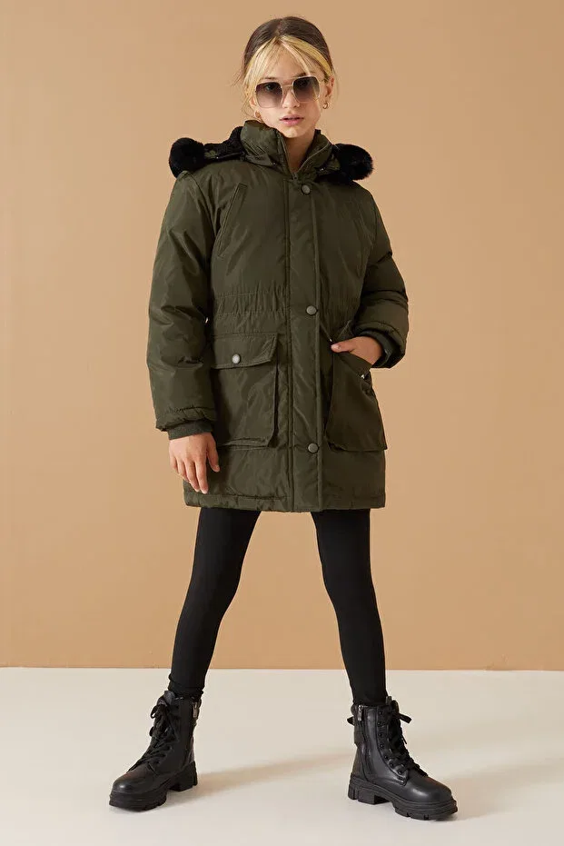 Детское зимнее пальто для девочек с капюшоном Cansın Mini, Khaki — фото 4