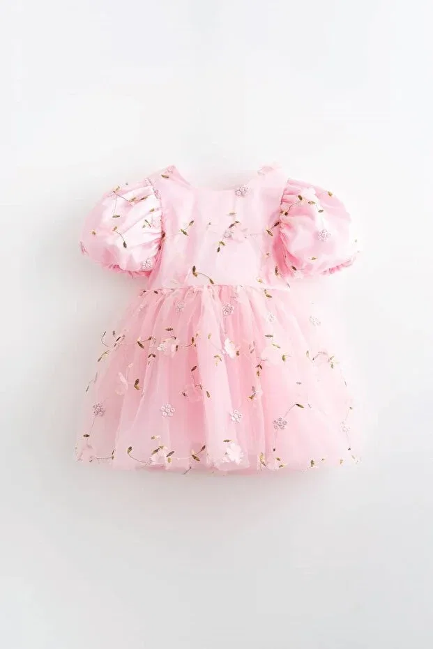 Детское платье из фатина с цветочным принтом Flower 3d Floral Detailed Embroidered Tulle Dress Banamio, Pink — фото 2