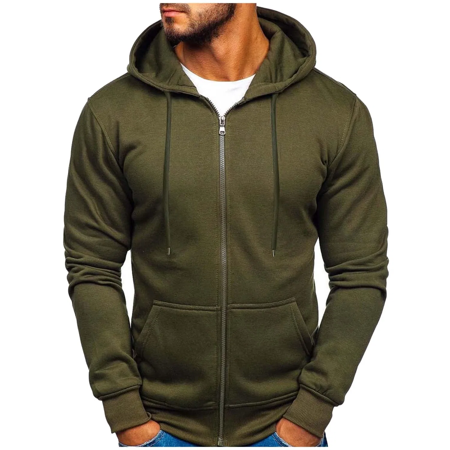 Мужской худи на молнии с капюшоном, Slim Fit, с длинным рукавом, Green