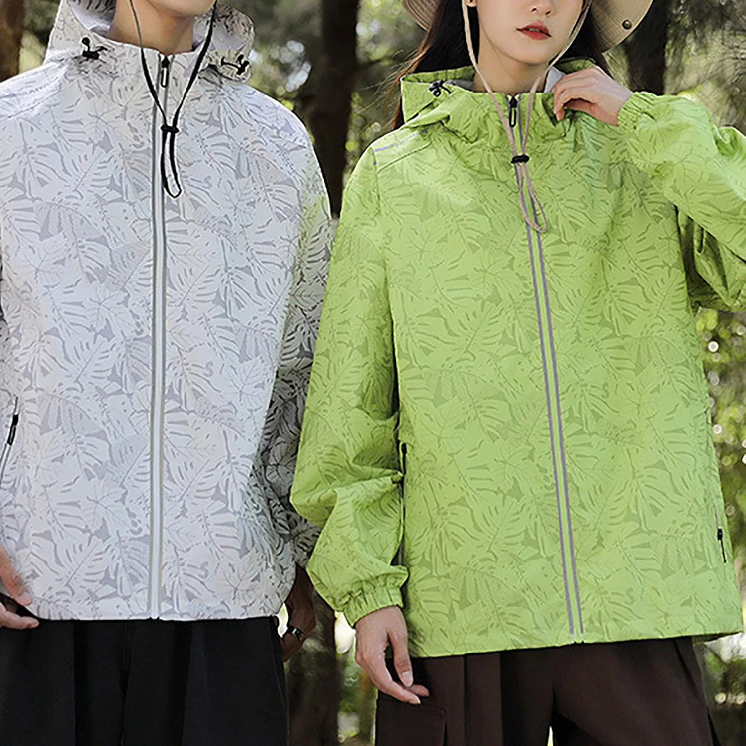 Женский легкий дождевик с принтом осенних листьев Waterproof Jackets for Women, green — фото 2