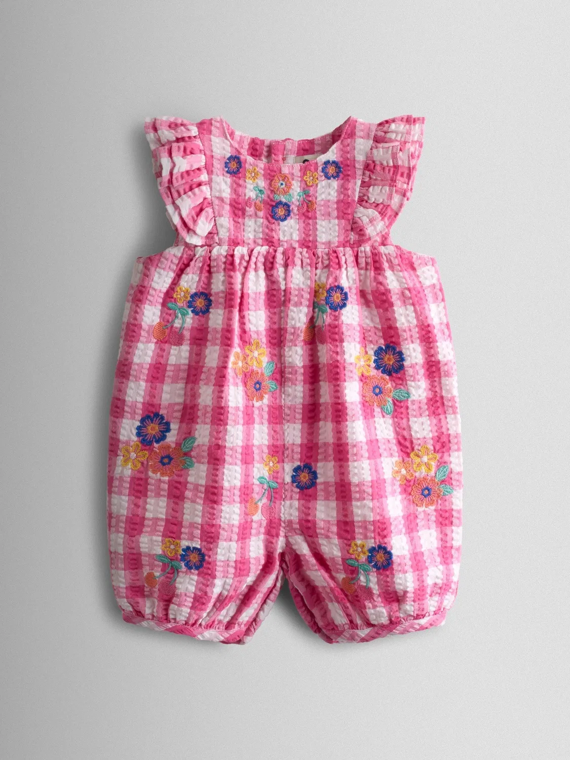 Комбинезон с оборками на плечах и вышивкой JoJo Maman Bébé, фуксия-гингам