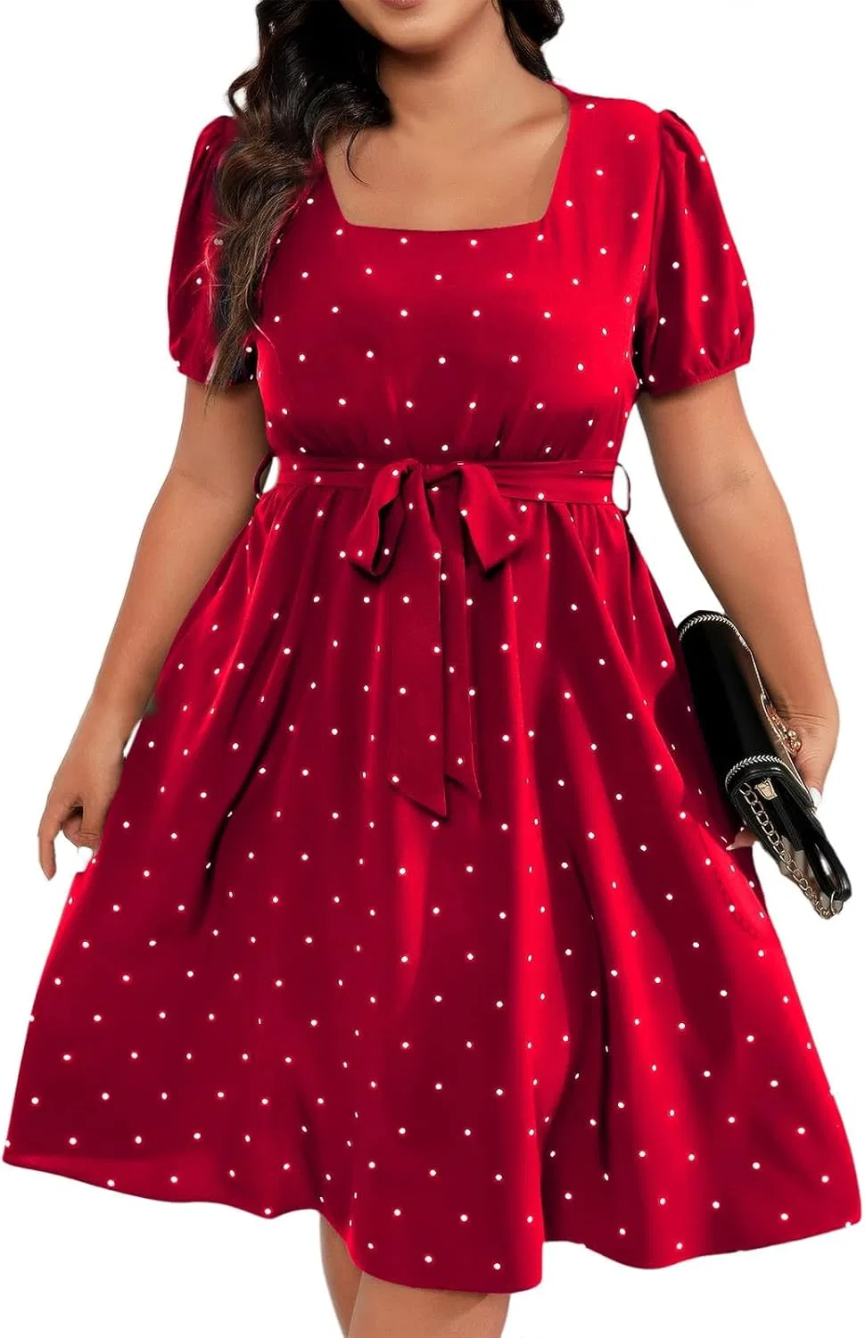Женское платье с квадратным вырезом и горошек Vintage, Red