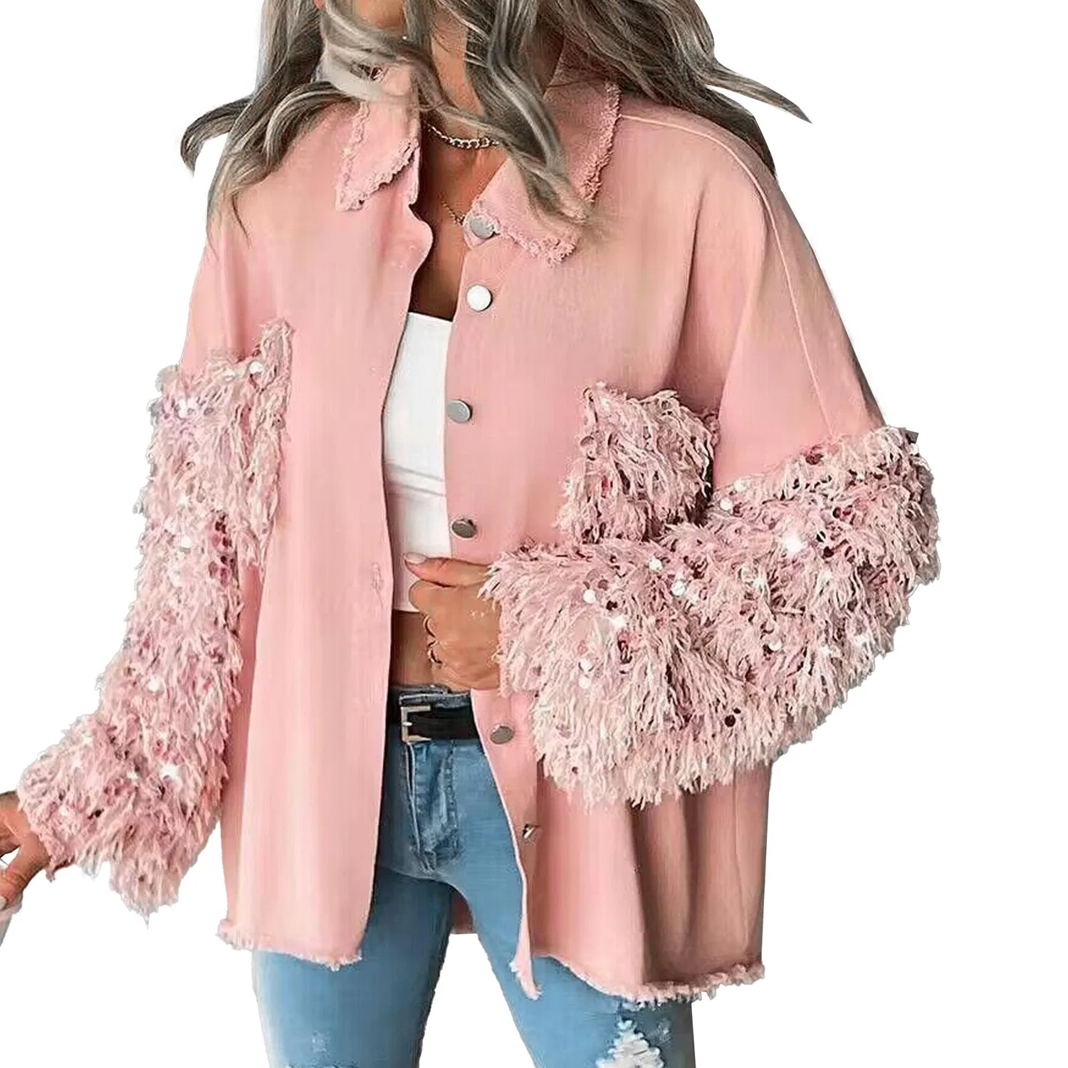 Женская куртка с пайетками и бахромой, длинным рукавом, модель Sequin Fringe Jacket, pink