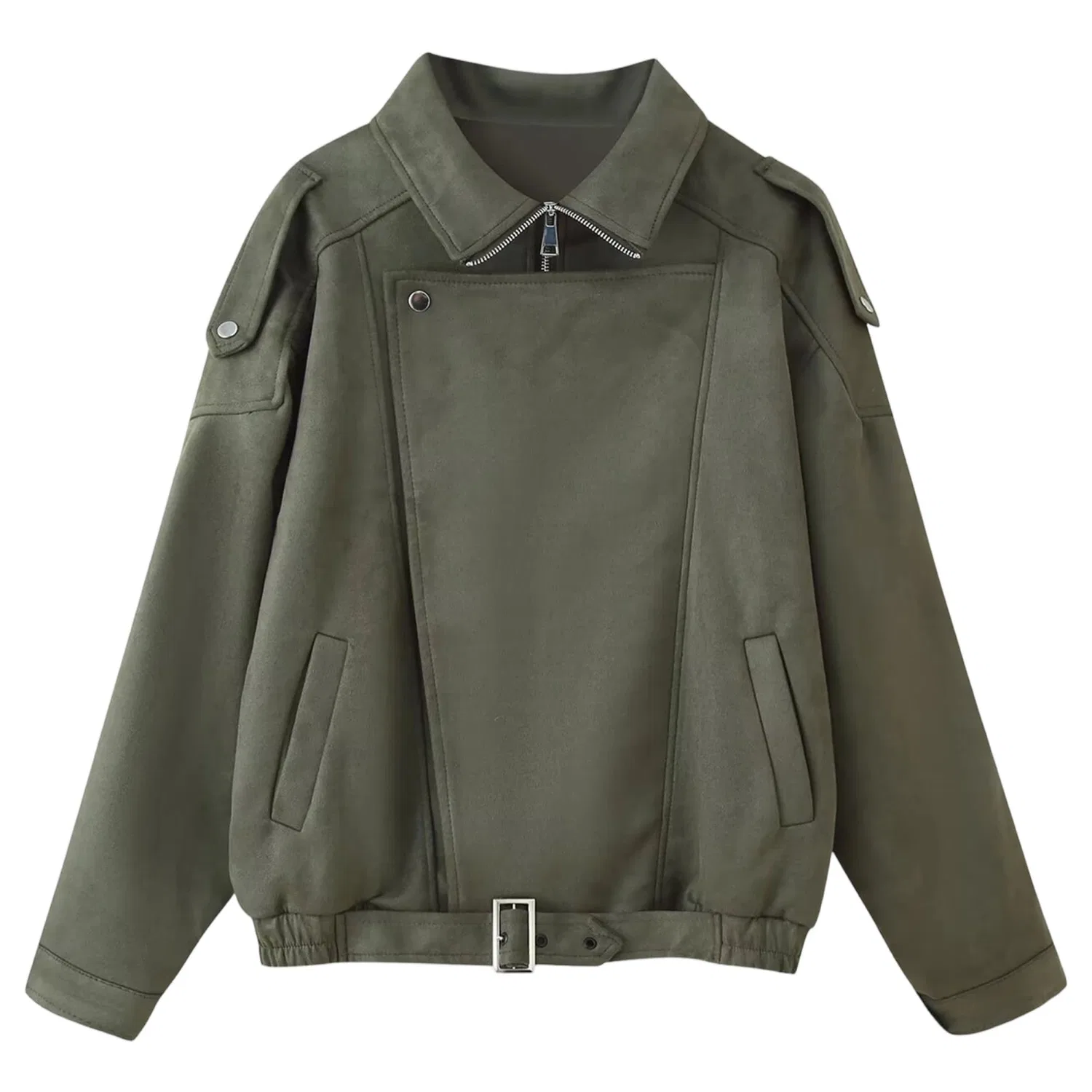Женская куртка-косуха из искусственной замши с поясом, army green