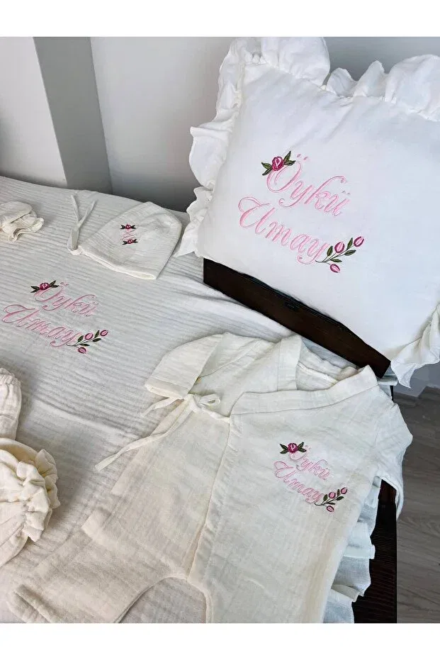 Детский комплект для выписки из роддома из муслина Karsu Tasarim, Ecru-Floral — фото 3
