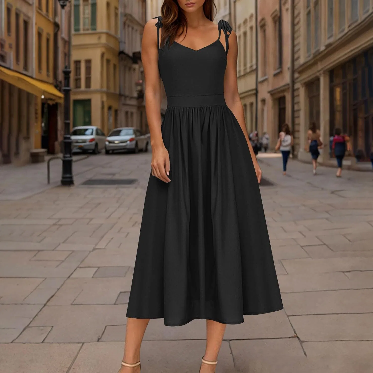 Женское летнее платье A-line с кружевной шнуровкой Black Dresses for Women Elegant Lace-Up Cami Long Dress, Black — фото 2