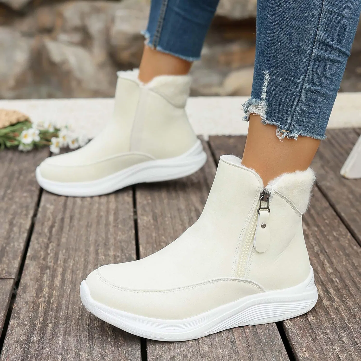 Детские зимние ботинки для девочек с молнией EODJXIO, Beige — фото 4