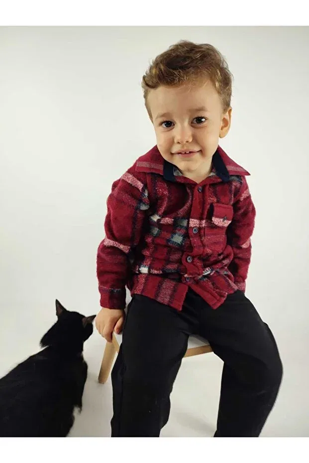 Детская рубашка для мальчиков с длинным рукавом Classic Long Sleeve Relaxed Fit Single Pocket Striped Winter Boy Lumberjack Shirt Gamzeakkuş, Red