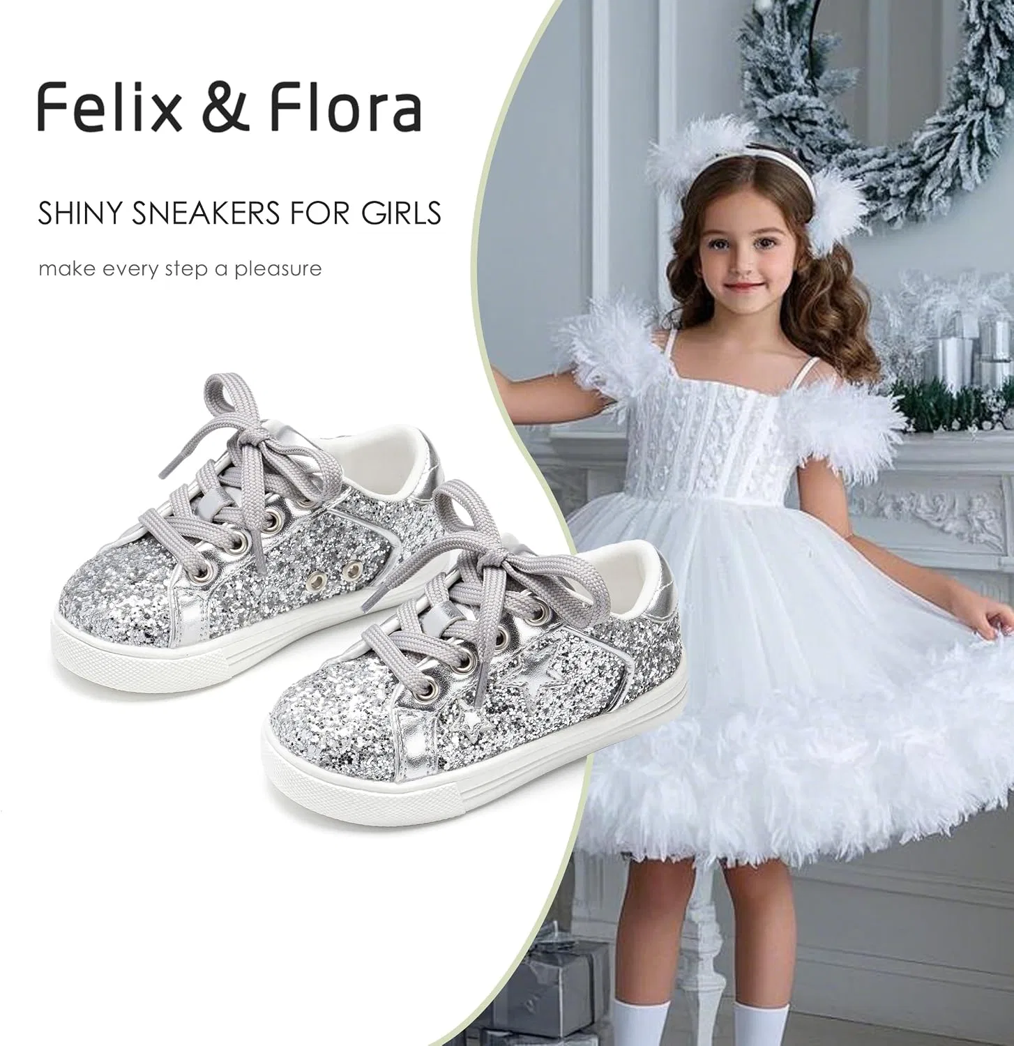 Детские кроссовки для девочек с блестками Felix & Flora, Glitter Silver — фото 4