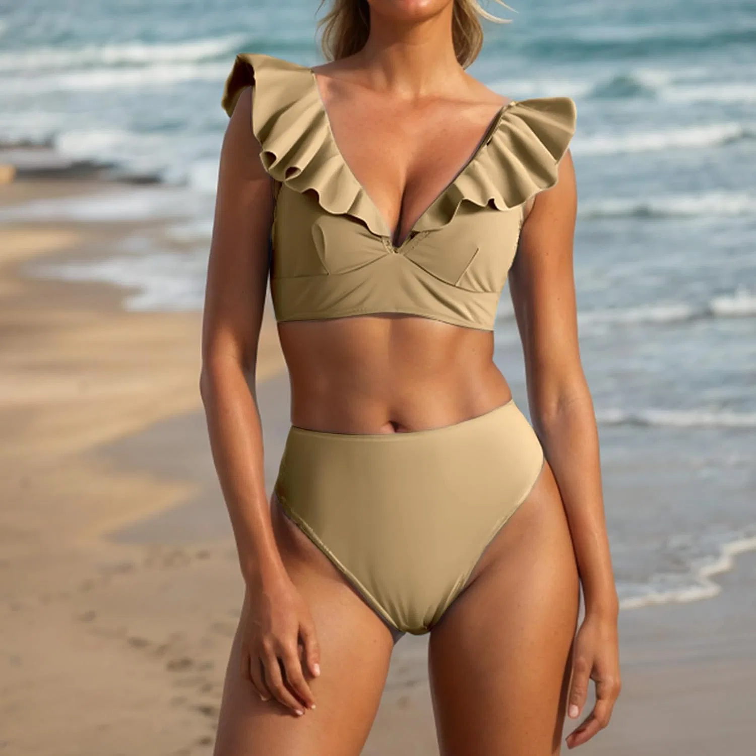 Женский цельный купальник с утяжкой живота Sweetheart Neck Ruffle Adjustable Straps, Khaki — фото 2