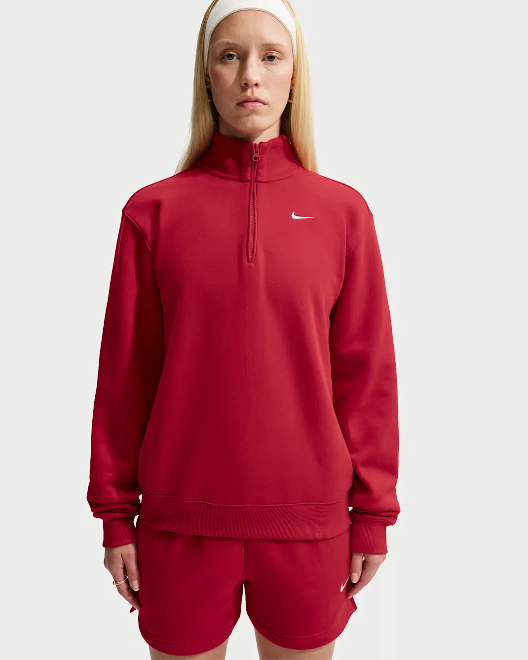 Женская футболка с застежкой-молнией на четверть длины Nike Studio Fleece Medium Weight, Tough Red/Sail — фото 3