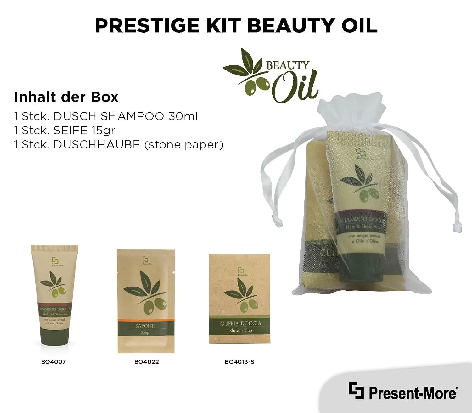 Набор косметики Beauty Oil, PRESENT-MORE, 100 гостей, Шампунь 30 мл, Мыло 15 г, Шапочка для душа, Havana — фото 2