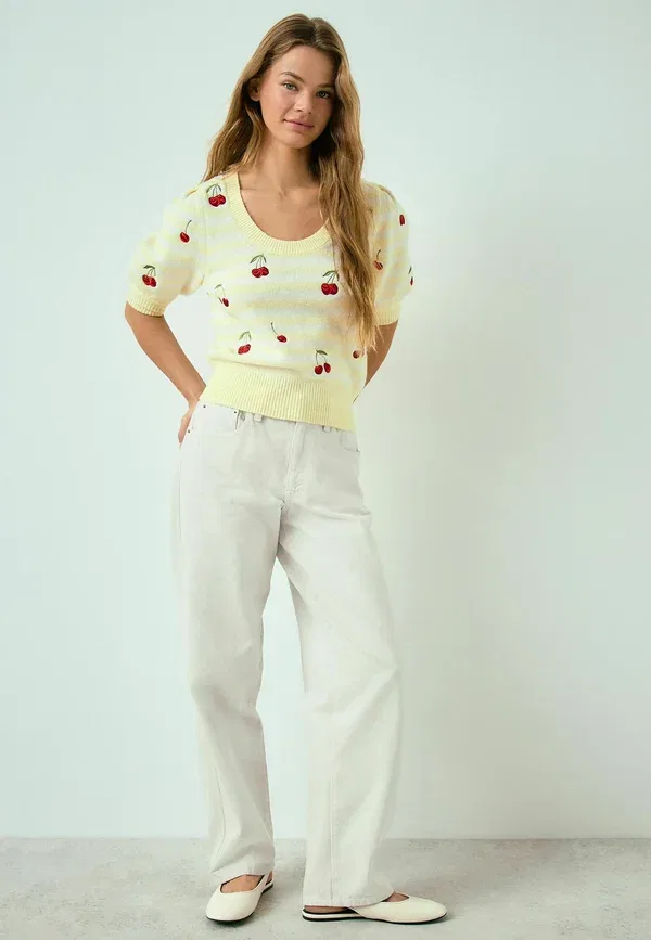 Футболка с принтом Regular Fit Puff Sleeve, Next, Yellow Stripe Cherry Embroidery — фото 2