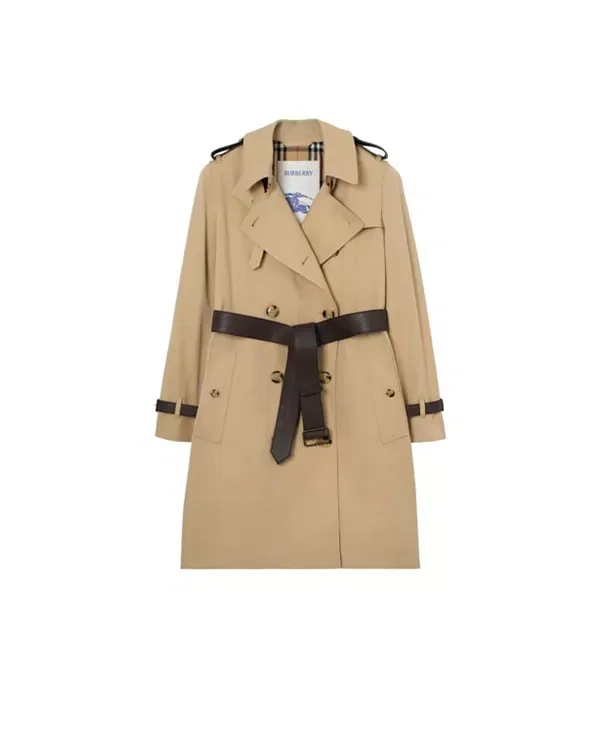 Женское пальто с кожаной отделкой Kensington Trench Coat Burberry, Honey Beige — фото 4