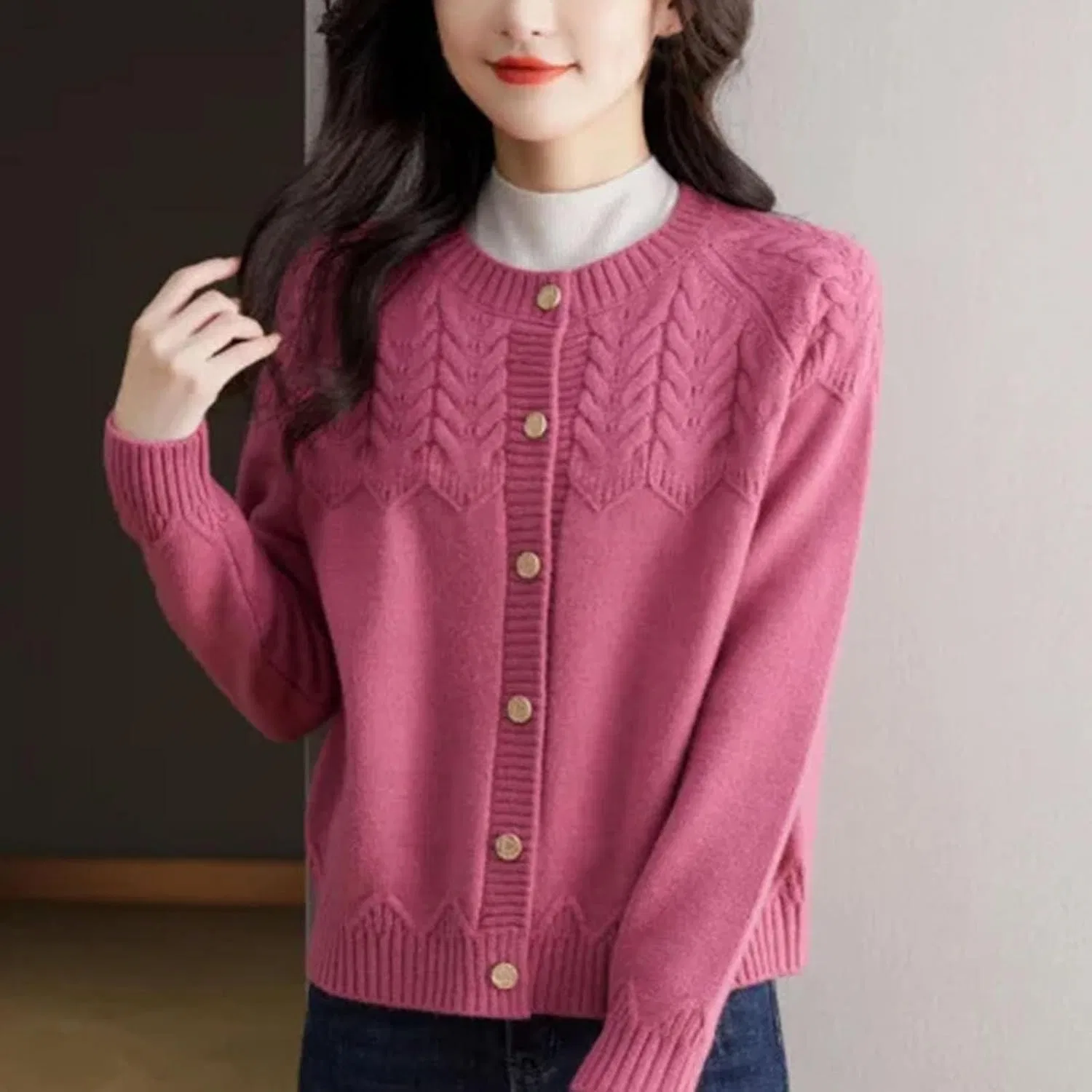 Женский кардиган с длинным рукавом, Elegant Knitwear, розовый — фото 4