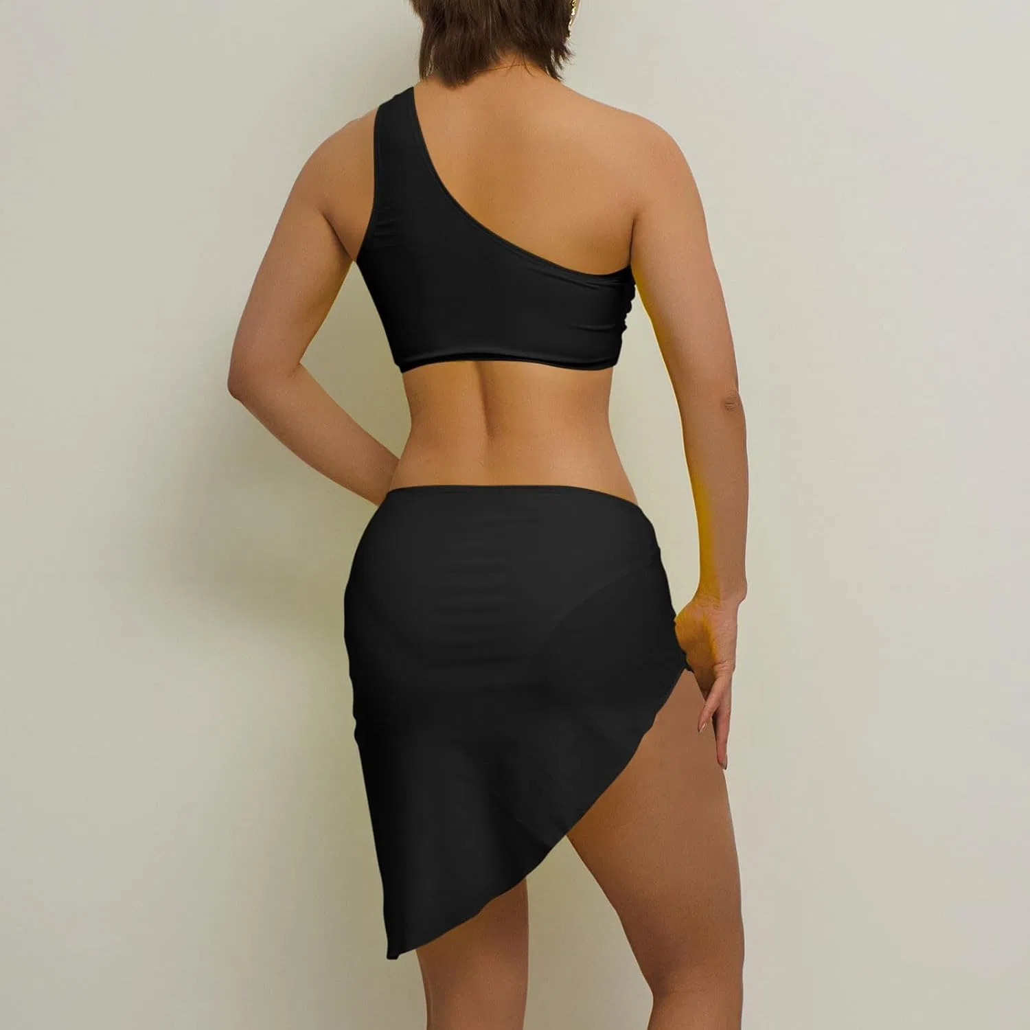 Женский бикини-комплект с завышенной талией и юбкой One Shoulder Push Up, Black — фото 3