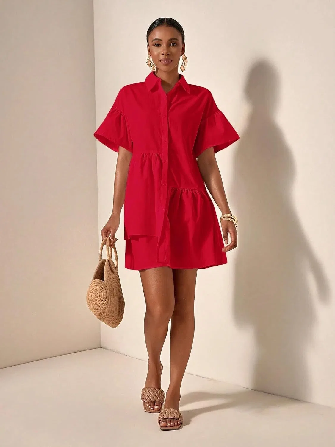 Женское повседневное платье с рюшами, Short Sleeve Loose Vacation Dress, Red — фото 4