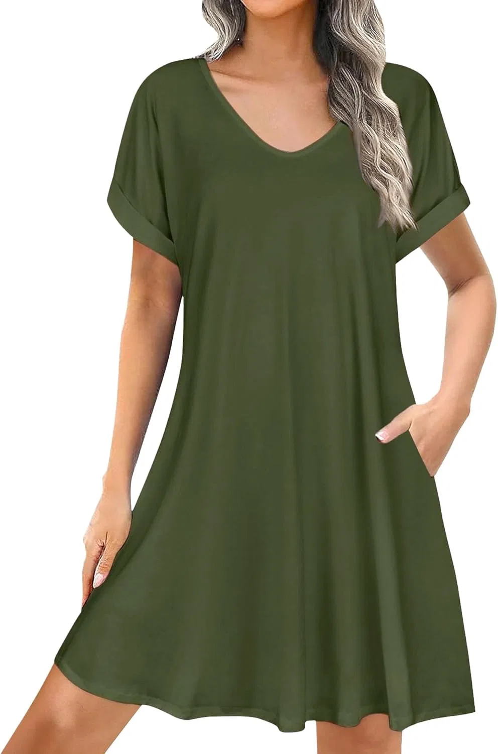Женское летнее платье с V-образным вырезом T-shirt, Army Green
