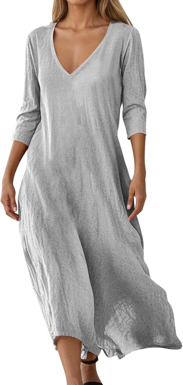 Женское летнее макси-платье богемного стиля с V-образным вырезом Cotton Linen Long Dress for Women, Grey
