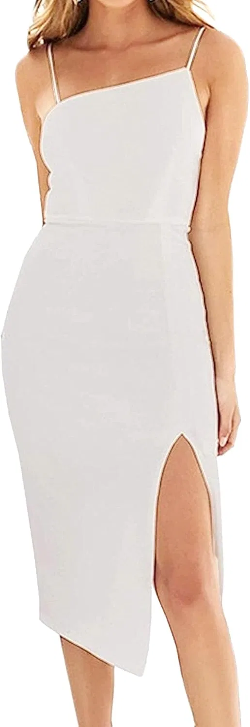 Женское коктейльное платье на бретелях с разрезом и открытой спиной, White