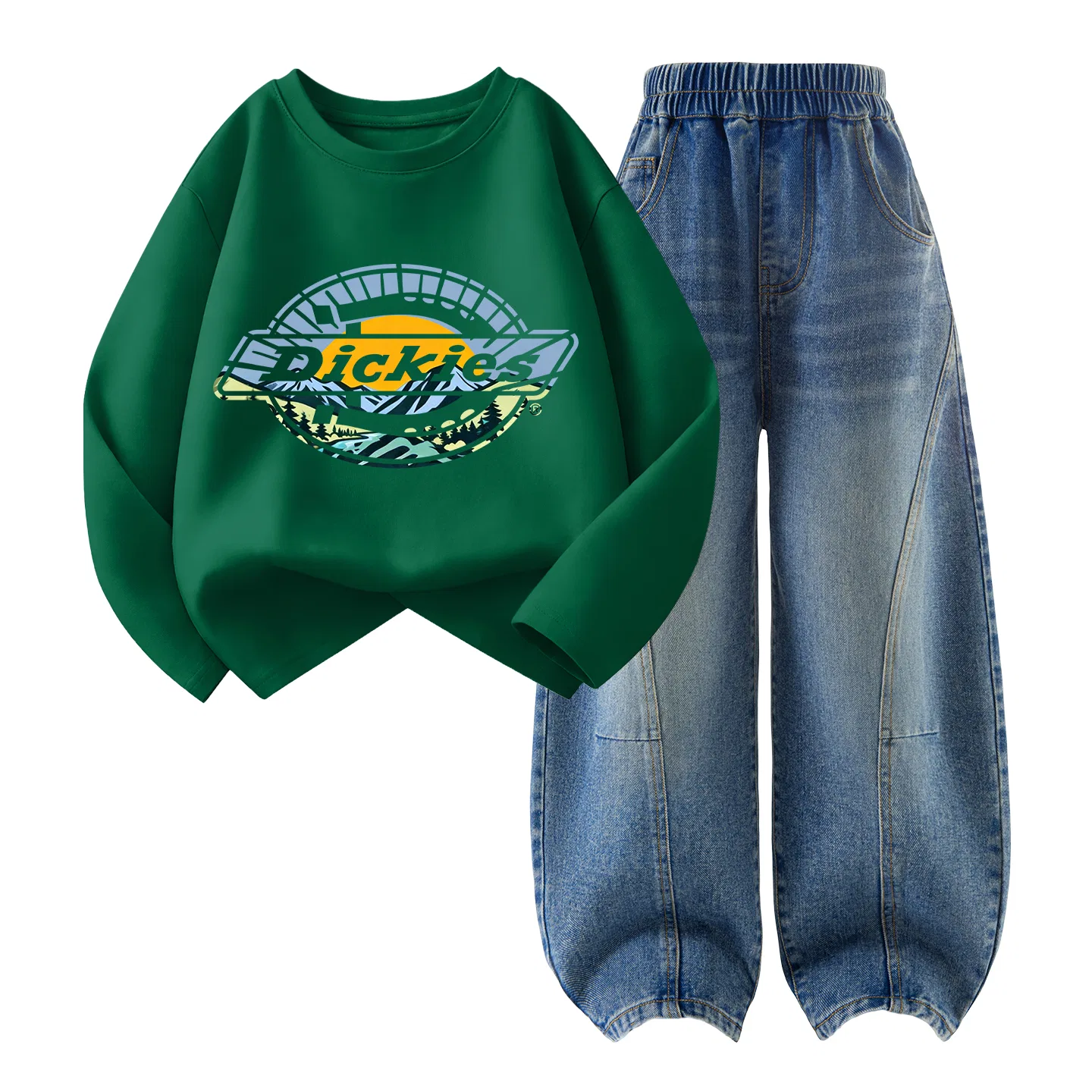 Детский спортивный костюм с логотипом Sun Mountain, Dickies, Sun Mountain Logo Vintage Green/Solid Color Denim Blue