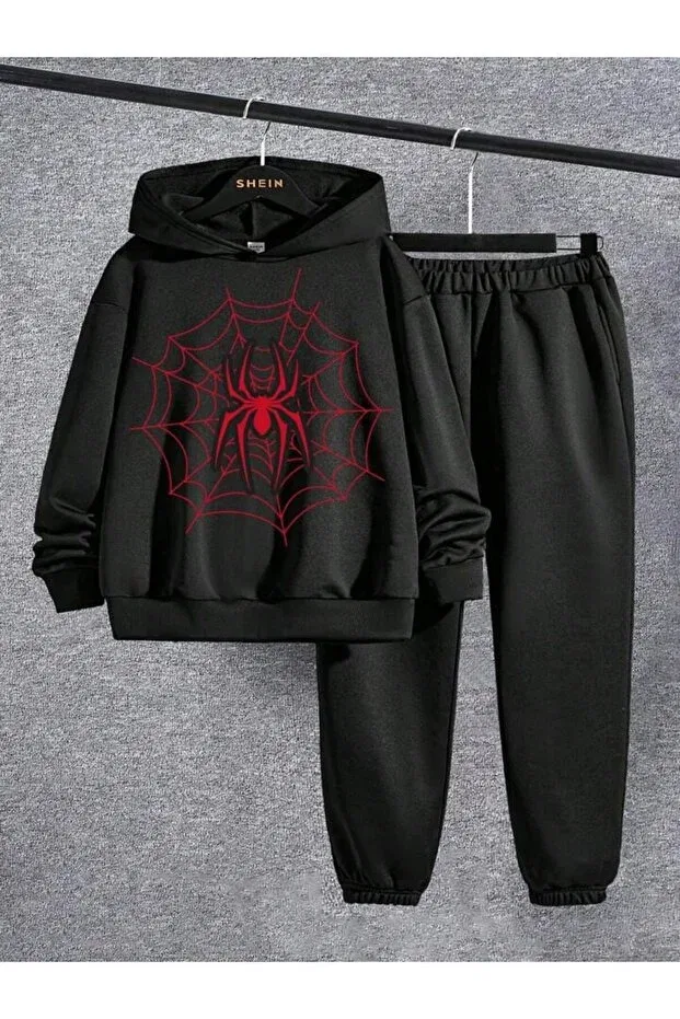 Детский комплект для девочек с принтом Children'S Spider Spiderman Printed Oversize Winter Atl Top Cotton Sweatshirt Tracksuit Set Amma, Blackblack1