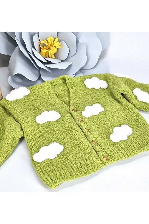 Детский кардиган с длинным рукавом Hand knitted soft plush cloudy unisex children's cardigan Evitle, Green — фото 4