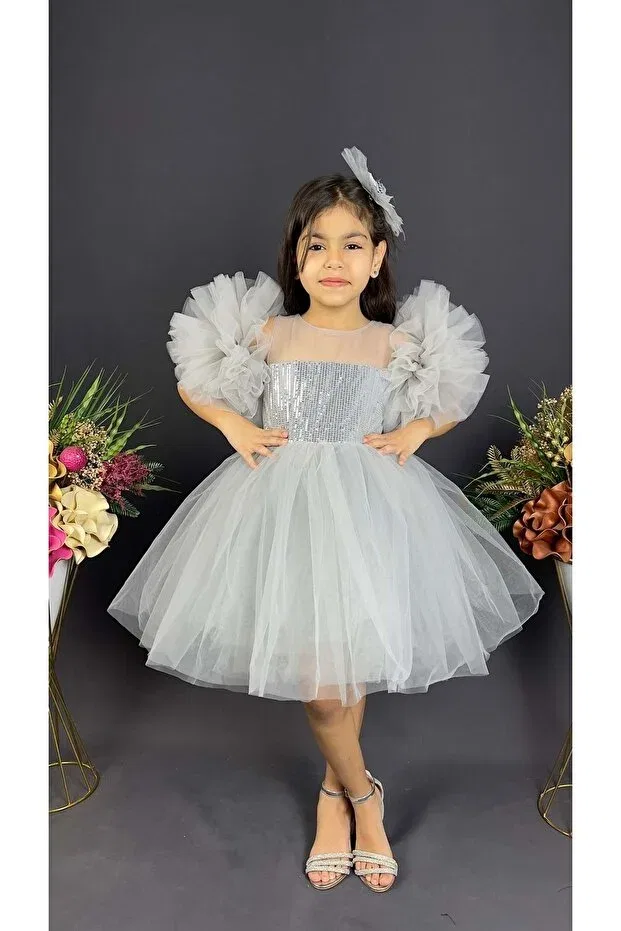 Детское платье для девочек с пайетками Tutu Skirt Pompom Sleeves Girl's Sequined Special Occasion Evening Dress S.T. Sebat Tekstil, Light Gray