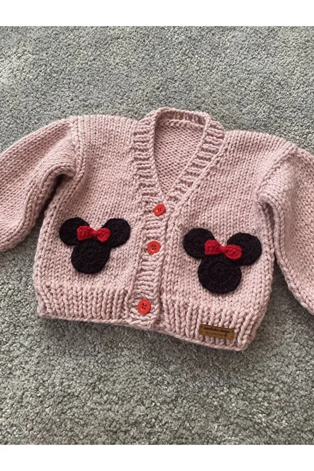 Детский кардиган для девочек с длинным рукавом Hand knitted mini mouse detailed Nevalin, Pink — фото 3