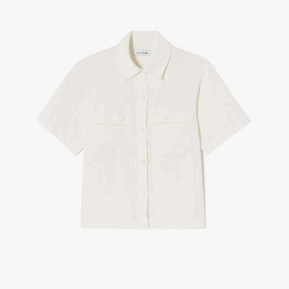 Рубашка Lacoste льняная с открытой вязкой, цвет айвори