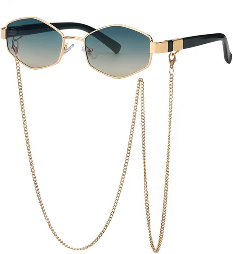 

Солнцезащитные очки в стиле ретро с шестиугольными линзами и цепочкой для женщин, многоугольные солнцезащитные очки для женщин в маленькой оправе generic, Green Yellow