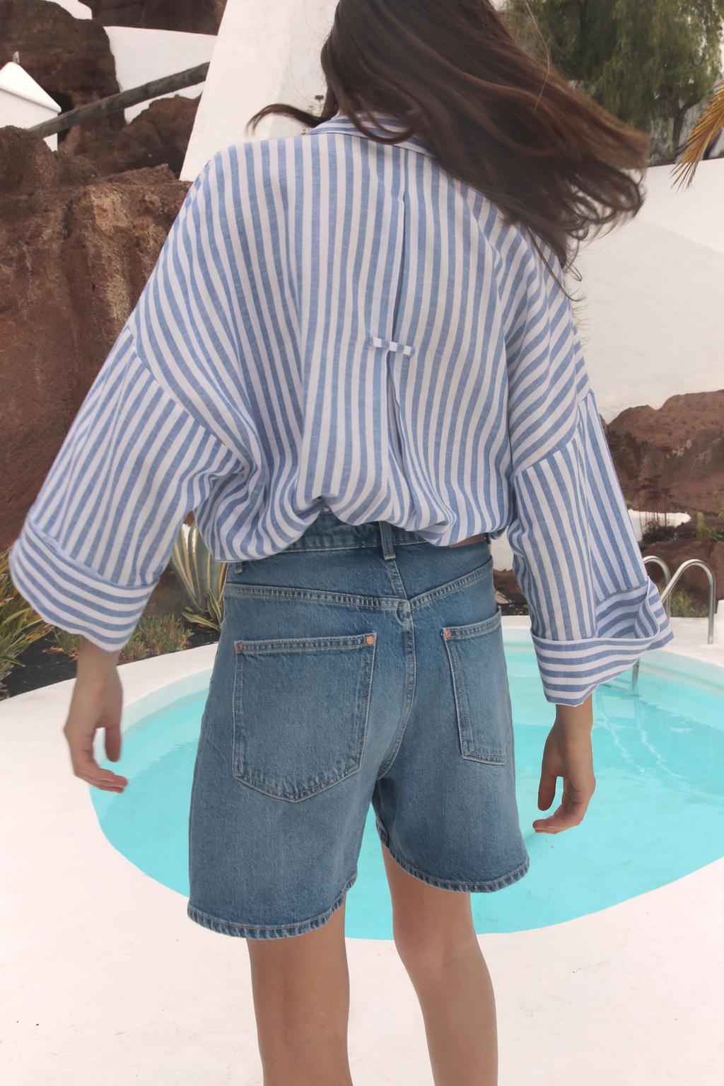 

Льняная рубашка с широкими рукавами ZARA, цвет Blue/White