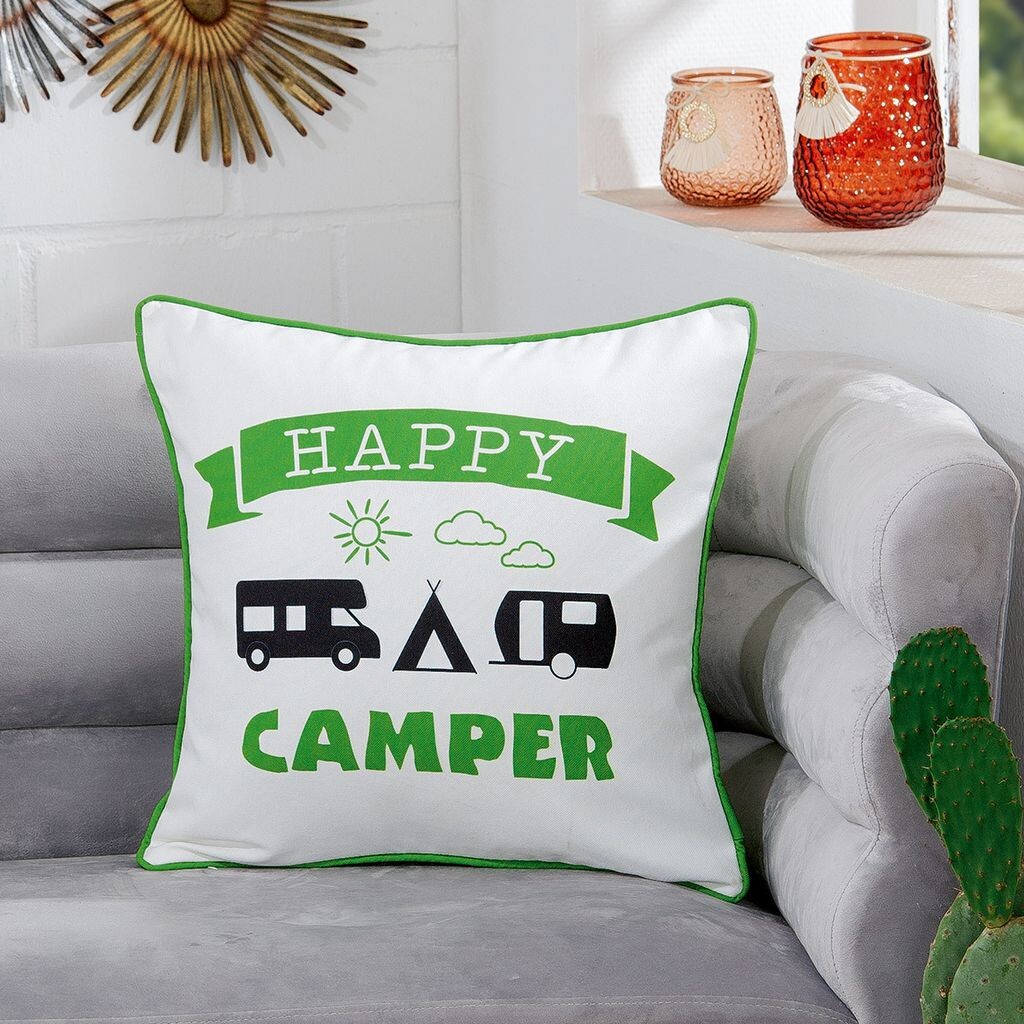 

GILDE Подушка, квадратная, "Happy Camper", надпись, мотив каравана, полиэстер, зеленый, белый, Ш 45 см, В 45 см 44283