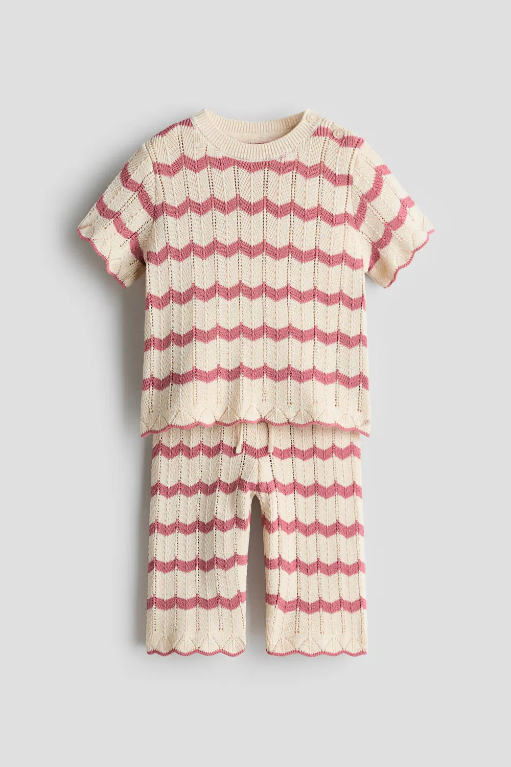 Комплект из двух предметов из хлопка, связанный ажурным узором H&M, Hellbeige/Rosa Gestreift