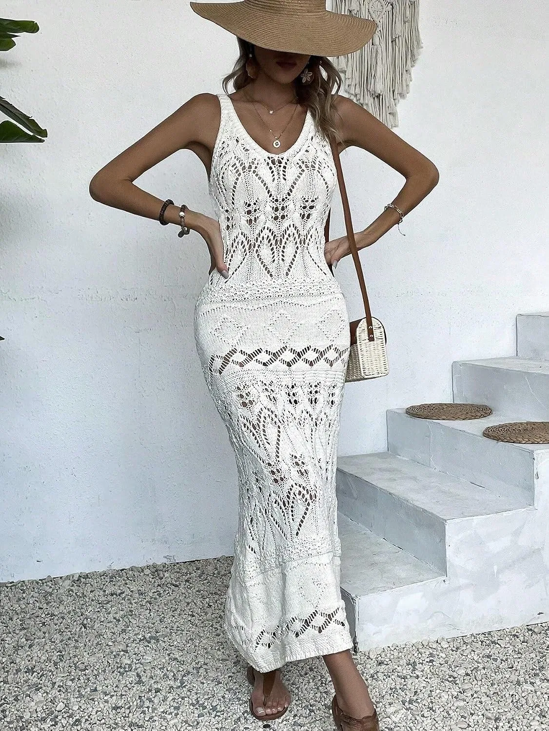 Женский пляжный костюм-накидка с вязаным кружевом, White — фото 3