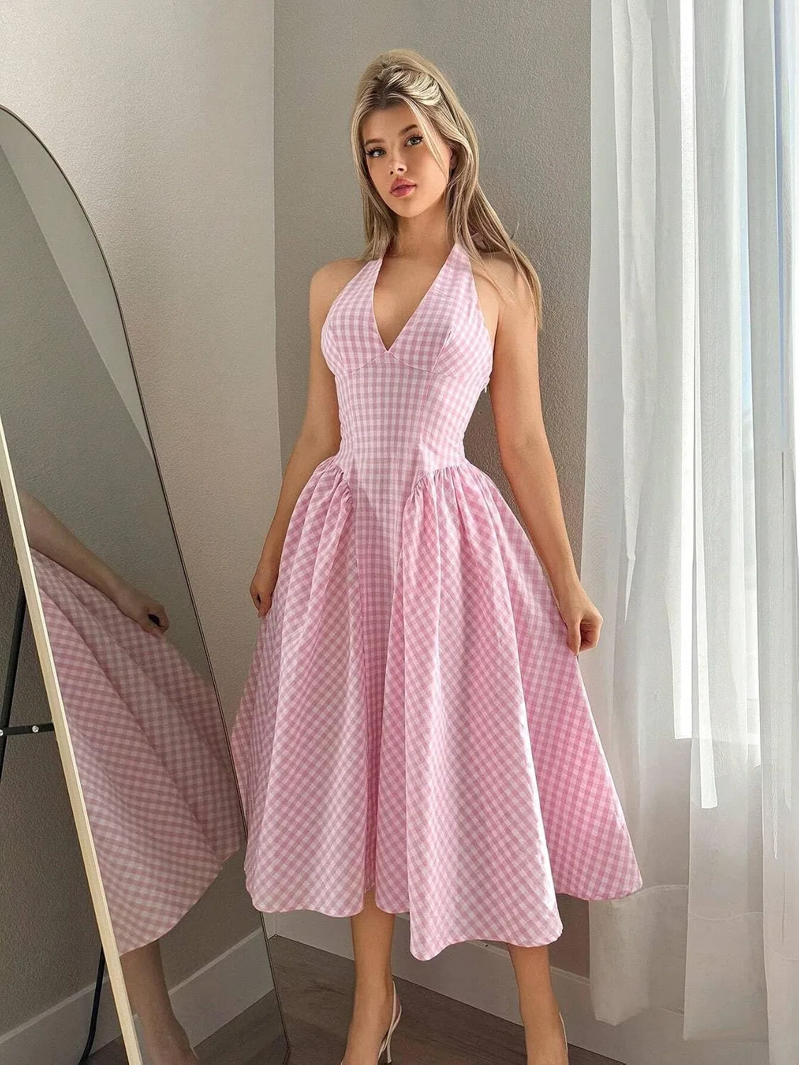 Женское A-силуэта платье миди с открытой спиной, Pink — фото 2