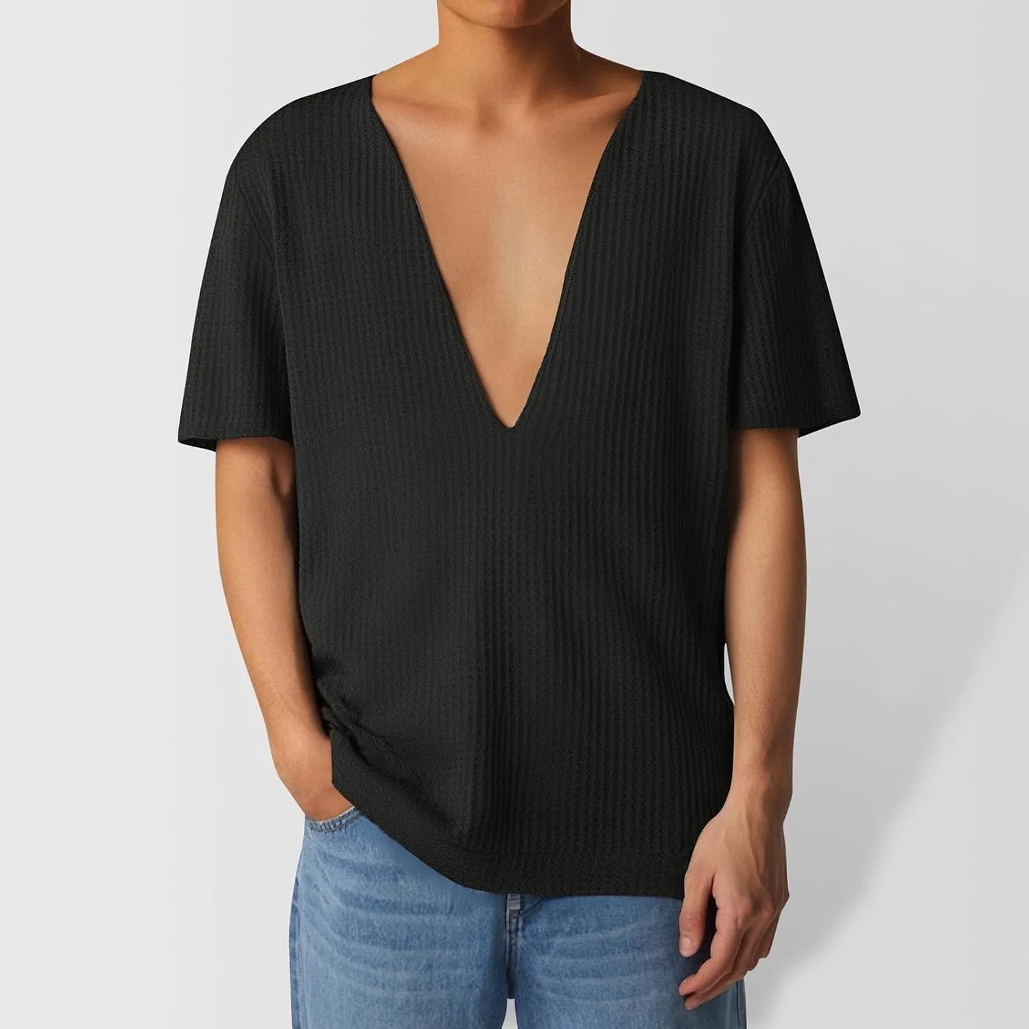 Мужская футболка с вертикальной полоской V-neck Generic, Black — фото 3
