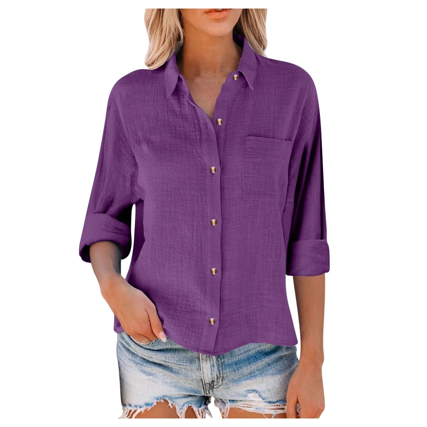 Женская блузка с длинным рукавом из хлопка и льна с карманами, Lilac — фото 2