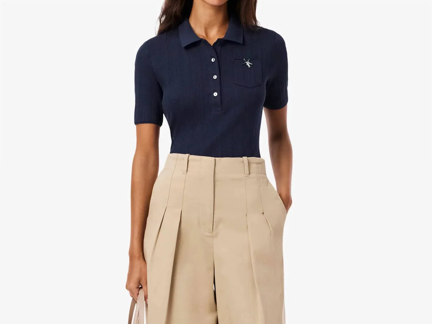 Женское поло с коротким рукавом и фактурным узором Pointelle Polo Lacoste, темно-синий