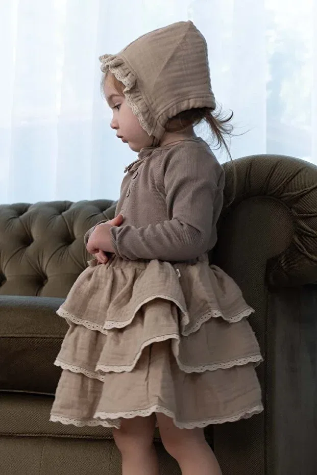 Детская юбка для девочек хлопковая Organic Cotton Embroidered Muslin Baby Skirt Beige With Bloomer Little Gusto, Beige