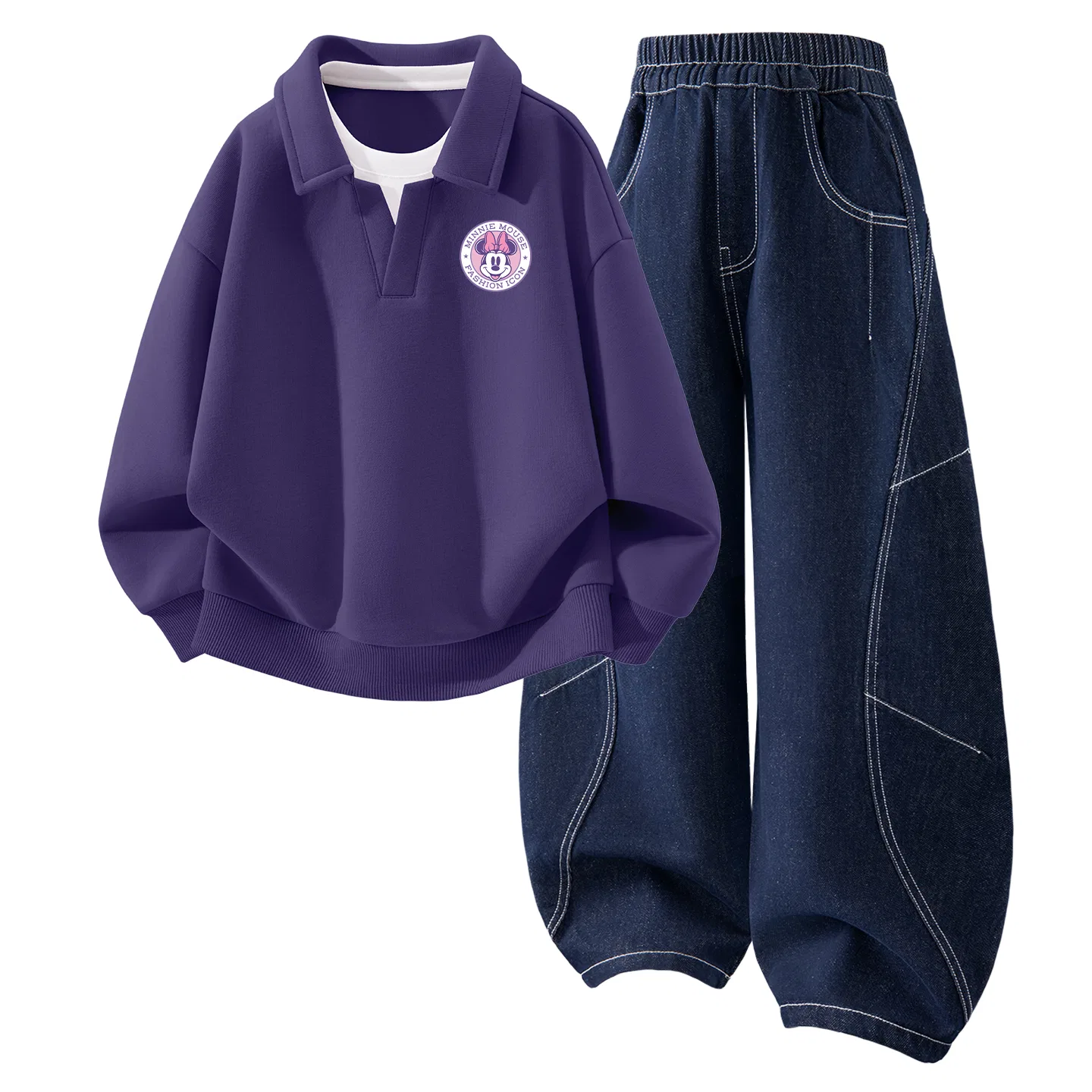 Детский комплект спортивной одежды с воротником-поло, умеренной растяжимостью, дышащий Daisy Minnie K Pulse Purple+Solid Color Denim Dark Blue, Disney, Цвет Daisy Minnie K Pulse Purple+Solid Color Denim Dark Blue