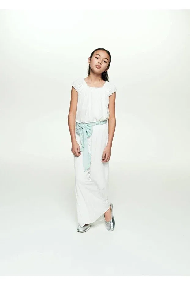 Детские брюки для девочек хлопковые Bamboo tie detailed trousers Mango Kids, White — фото 3