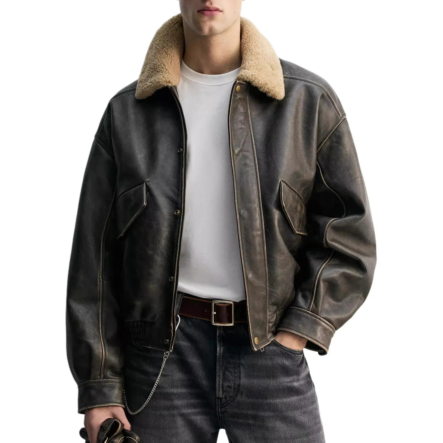 Мужская куртка из кожи с длинным рукавом ZARA, Dark Gray — фото 4