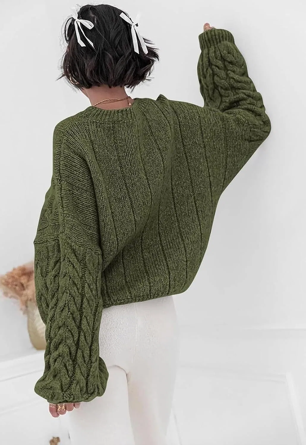 Женский свитер с V-образным вырезом, с косами, Vintage Cable Knitted — фото 3