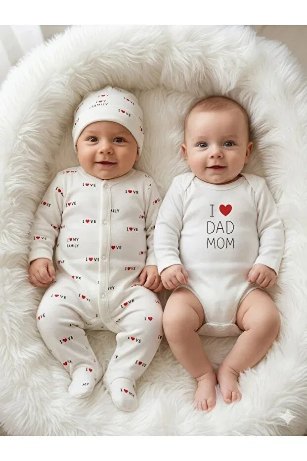 Детское боди-комбинезон с принтом I Love Family & I Love Dad Mom Baby Romper Bodysuit Hat Set Biyan Collection, White — фото 2