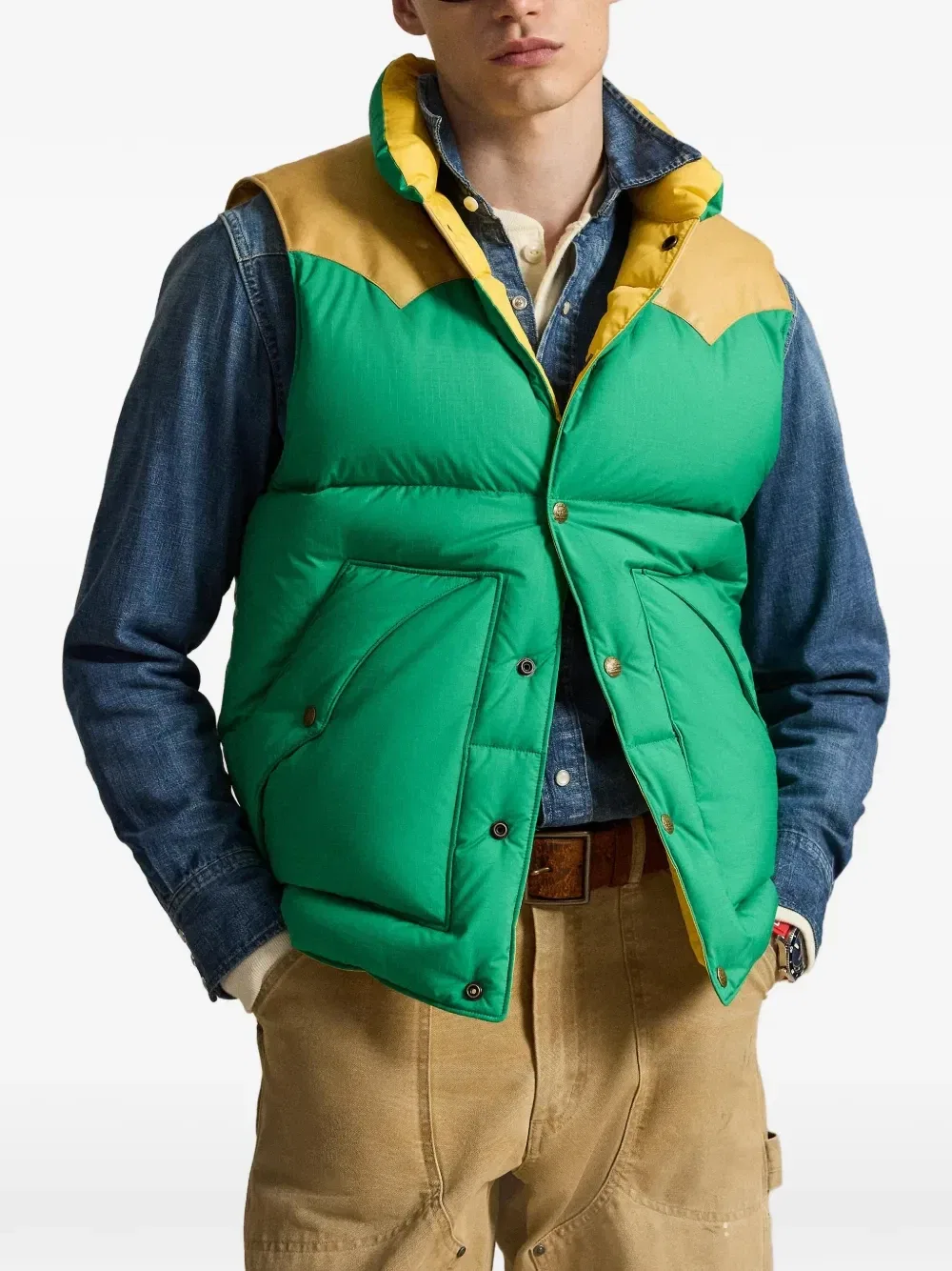 Дутый жилет с контрастной кокеткой POLO RALPH LAUREN, зеленый — фото 4