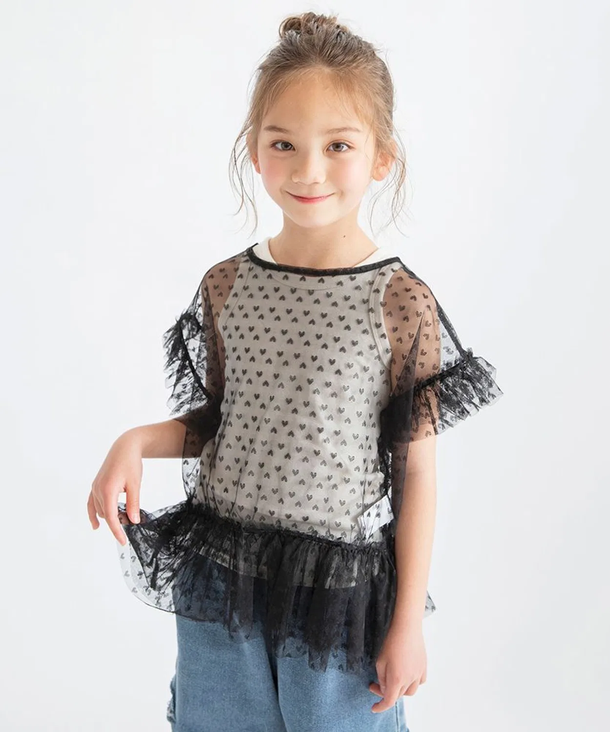 Детский комплект с фриллами и тюлевым верхом Heart Print, branshes, Black