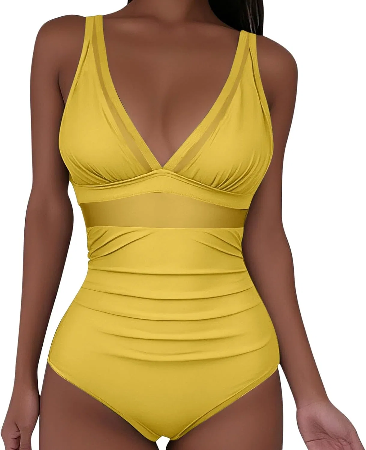 Женский слитный купальник с утяжкой живота mesh plunge V-neck, Yellow — фото 2