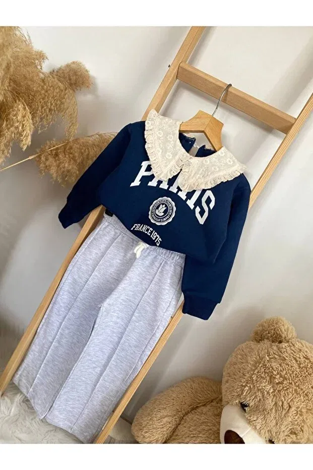 Детский комплект спортивного костюма для девочек с кружевным воротником Babyaslan, Navy Blue — фото 2